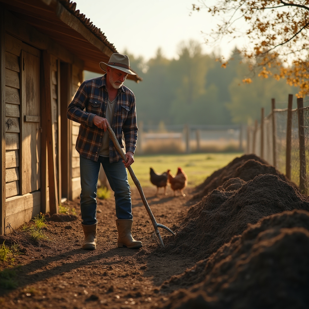 Instalaciones de una pequeña granja avícola con gestión de estiércol para compostaje