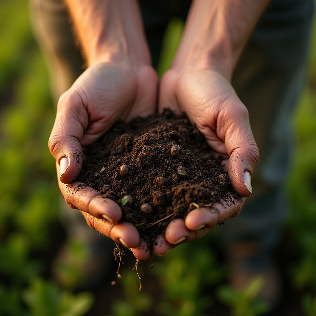 Manos de un agricultor sosteniendo tierra compostada junto a restos vegetales
